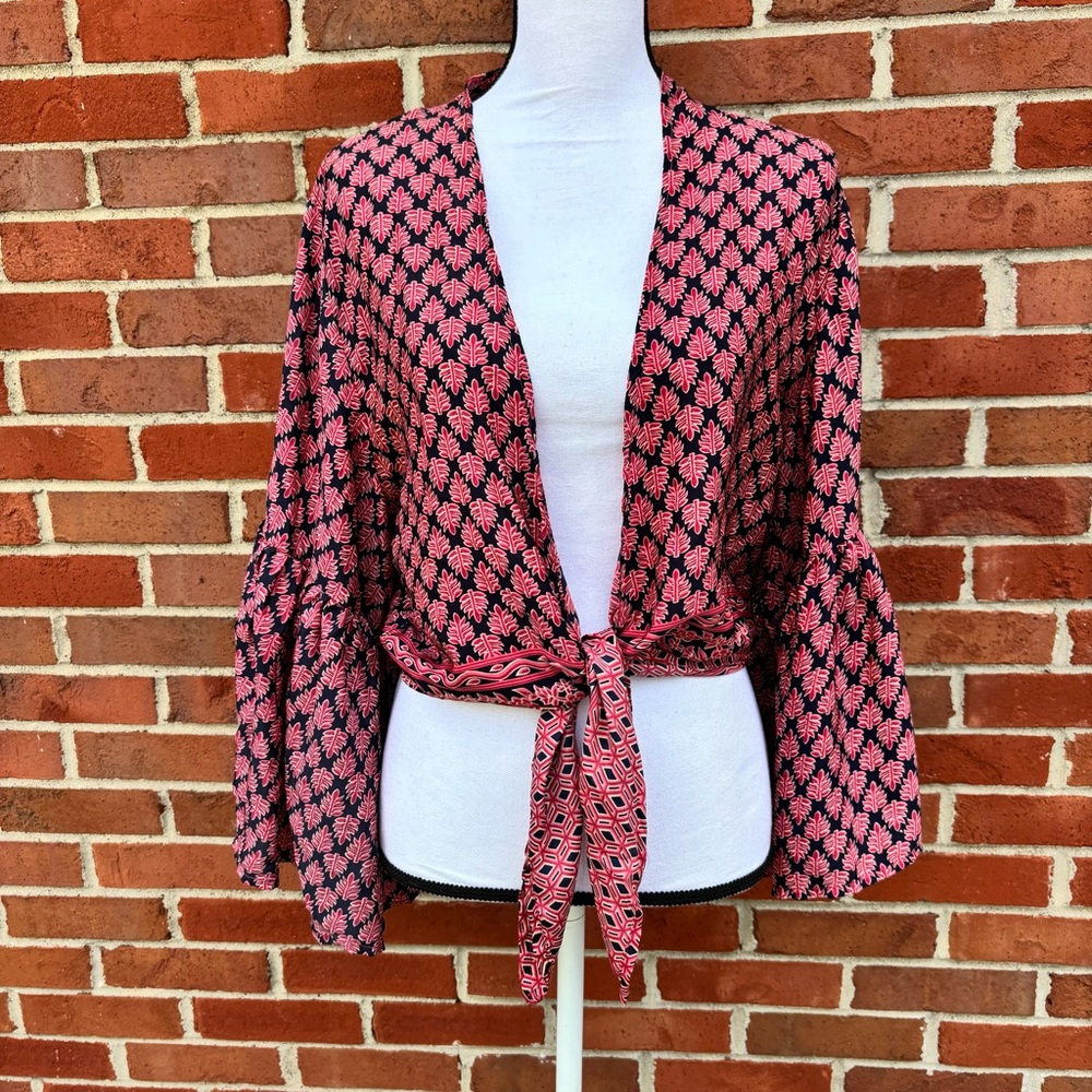 Elan Red & Blue Patterned Front Tie Deep V Neck Bell Sleeve Top Womens One Size
